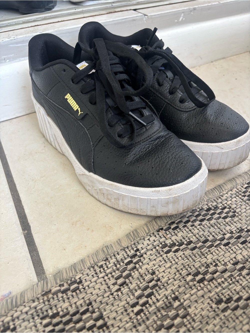 Puma Black Leather Platform Sneakers with White Sole